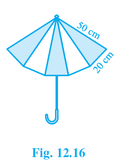 An umbrella is made by stitching 10 triangular pieces of cloth of two different colors (See Fig. 12.16), each piece measuring 20 cm, 50 cm and 50 cm. How much cloth of each color is required for the umbrella?