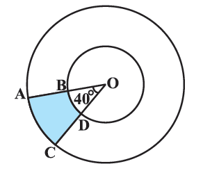 Find the area of the shaded region in Fig. 12.20, if radii of the two concentric circles with centre O are 7 cm and 14 cm respectively and ∠ AOC = 40°