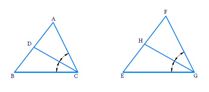 CD and GH are respectively the bisectors of ∠ACB and ∠EGF such that D and H lie on sides AB and FE of ∆ABC and ∆EFG respectively. If ∆ABC ~ ∆FEG, show that: