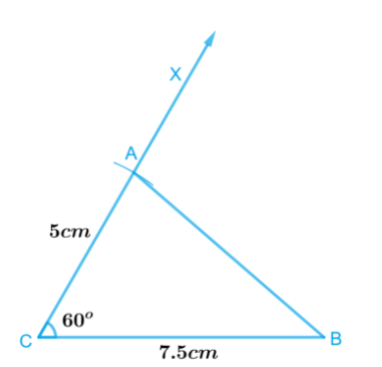 Construct ∆ABC with BC = 7.5 cm, AC = 5 cm and m∠C = 60°