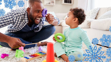 Father-son duo playing with blocks