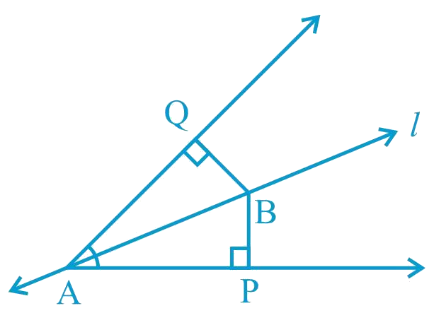 Line l is the bisector of an angle ∠A and B is any point on l. BP and BQ are perpendiculars from B to the arms of ∠A (see Fig. 7.20). Show that: i) ΔAPB ≅ ΔAQB    ii) BP = BQ or B is equidistant from the arms of ∠A