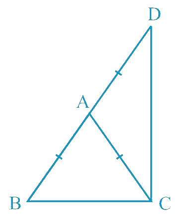 ΔABC is an isosceles triangle in which AB = AC. Side BA is produced to D such that AD = AB (see Fig. 7.34). Show that ∠BCD is a right angle