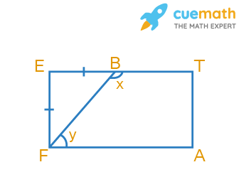 A playground is in the form of a rectangle ATEF. Two players are standing at the points F and B where EF = EB. Find the values of x and y