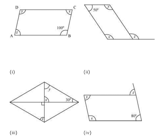 Consider the following parallelograms. Find the values of the unknowns x, y, z