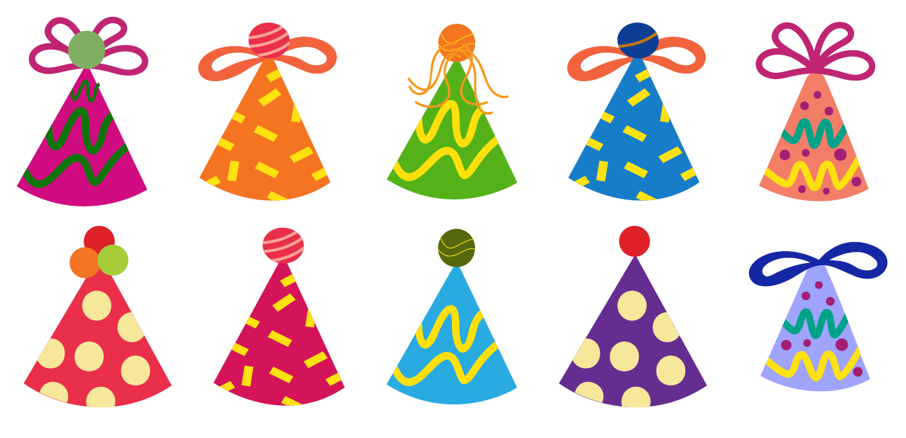 Ten Birthday hats in the shape of cones