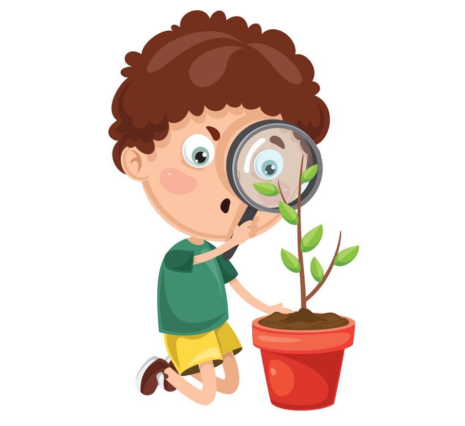 Animated image of a curious kid looking through magnifying glass.
