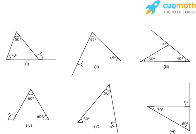 Find the value of the unknown exterior angle x in the following diagrams