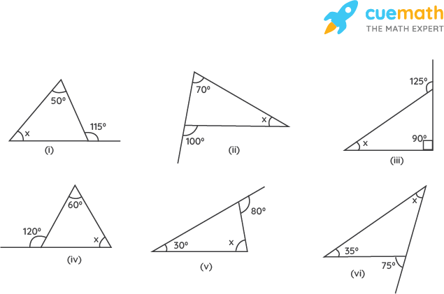 Find the value of the unknown interior angle x in the following figures