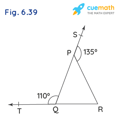 In Fig. 6.39, sides QP and RQ of ∆PQR are produced to points S and T respectively. If ∠SPR = 135° and ∠PQT = 110°, find ∠PRQ.