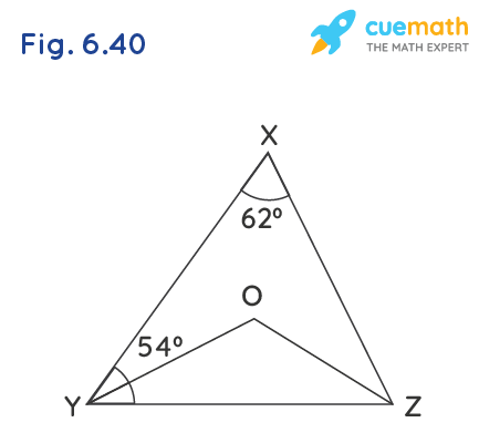 In Fig. 6.40, ∠X = 62°, ∠XYZ = 54°. If YO and ZO are the bisectors of ∠XYZ and ∠XZY respectively of ∠XYZ, find ∠OZY and ∠YOZ.