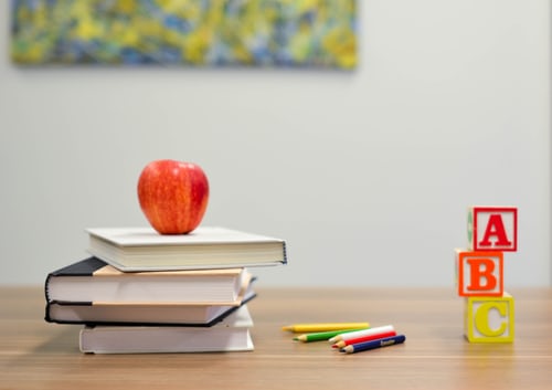 Montessori school for ages 3-6: book, apple, pencils, letters
