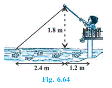 Nazima is fly fishing in a stream. The tip of her fishing rod is 1.8 m above the surface of the water and the fly at the end of the string rests on the water 3.6 m away and 2.4 m from a point directly under the tip of the rod.